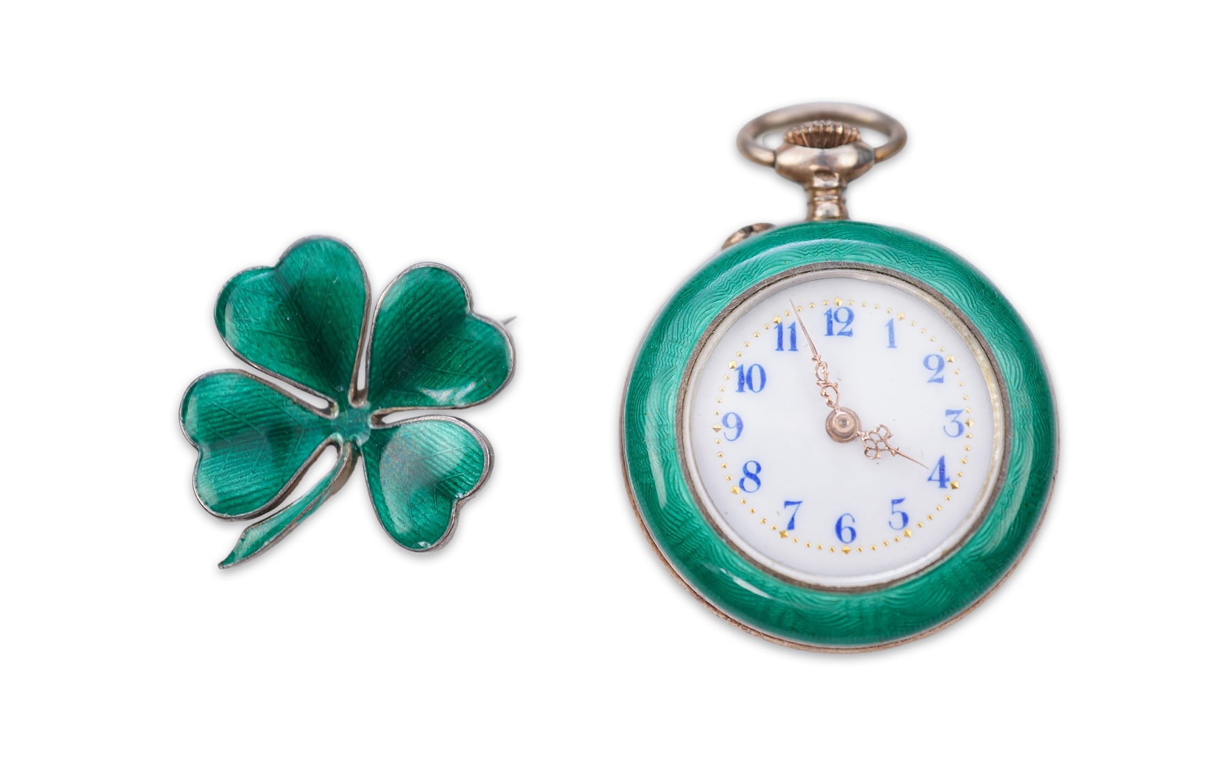 An enamel pocket watch and brooch, early 20th century